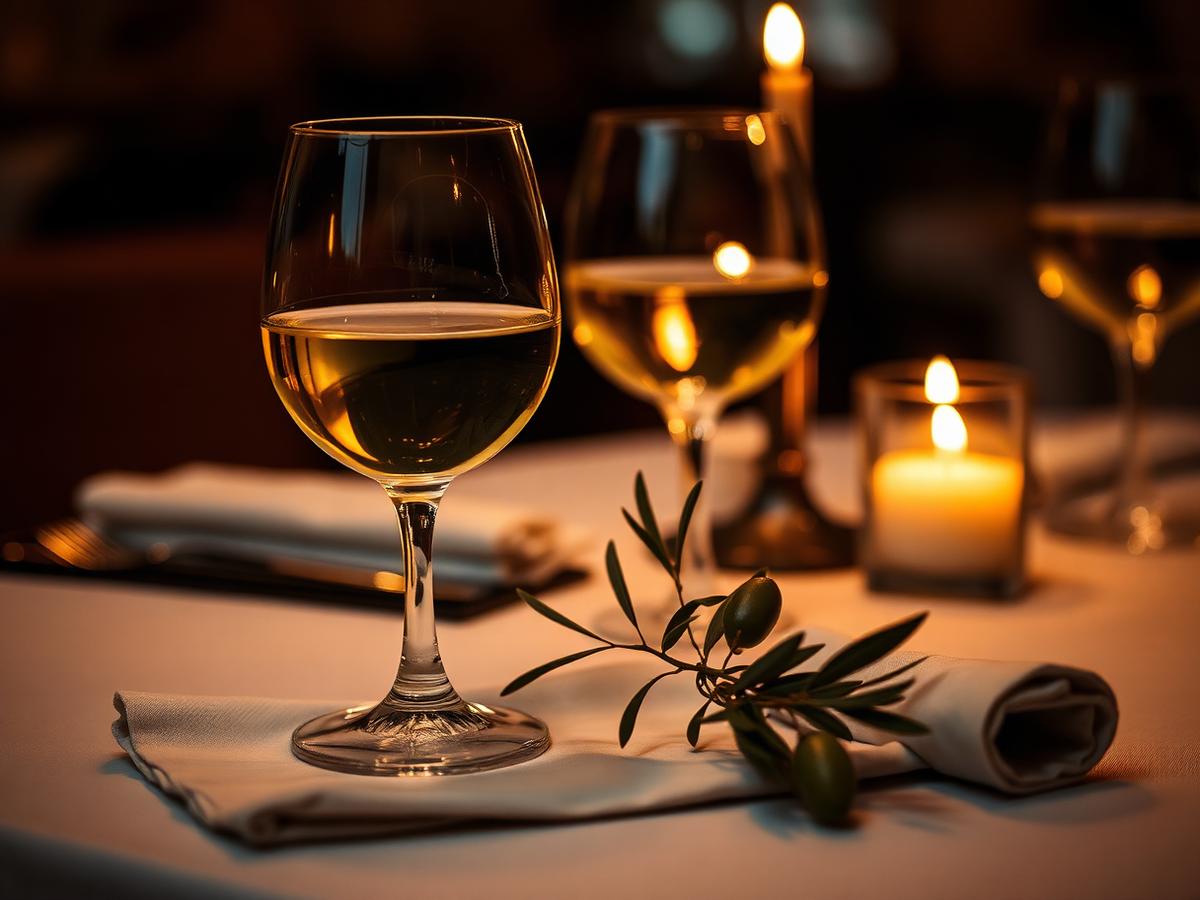 Weingläser und Olivenzweig auf einem gedeckten Tisch