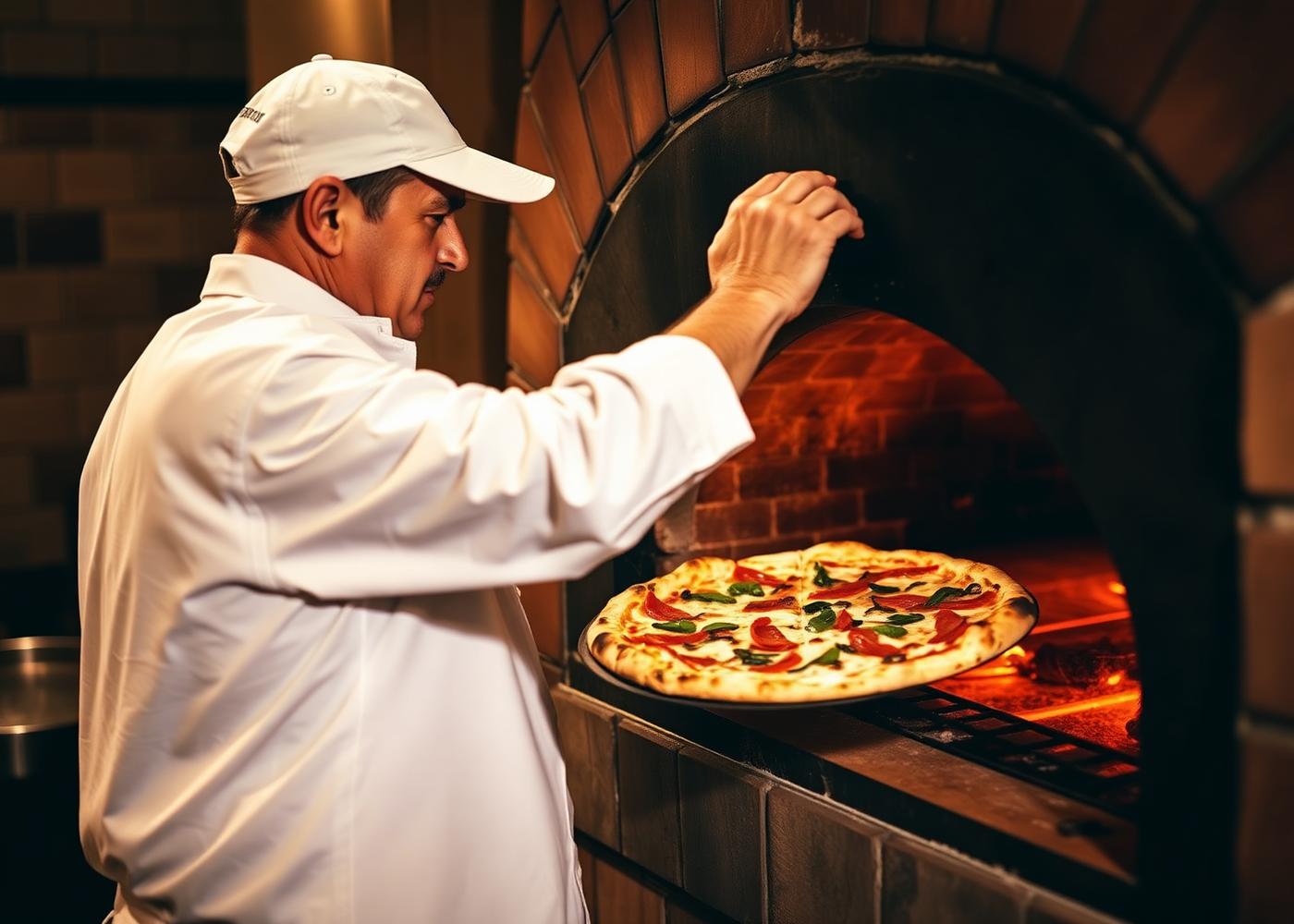 Pizzabäcker schiebt eine Pizza in den Steinofen im Ristorante Rialto