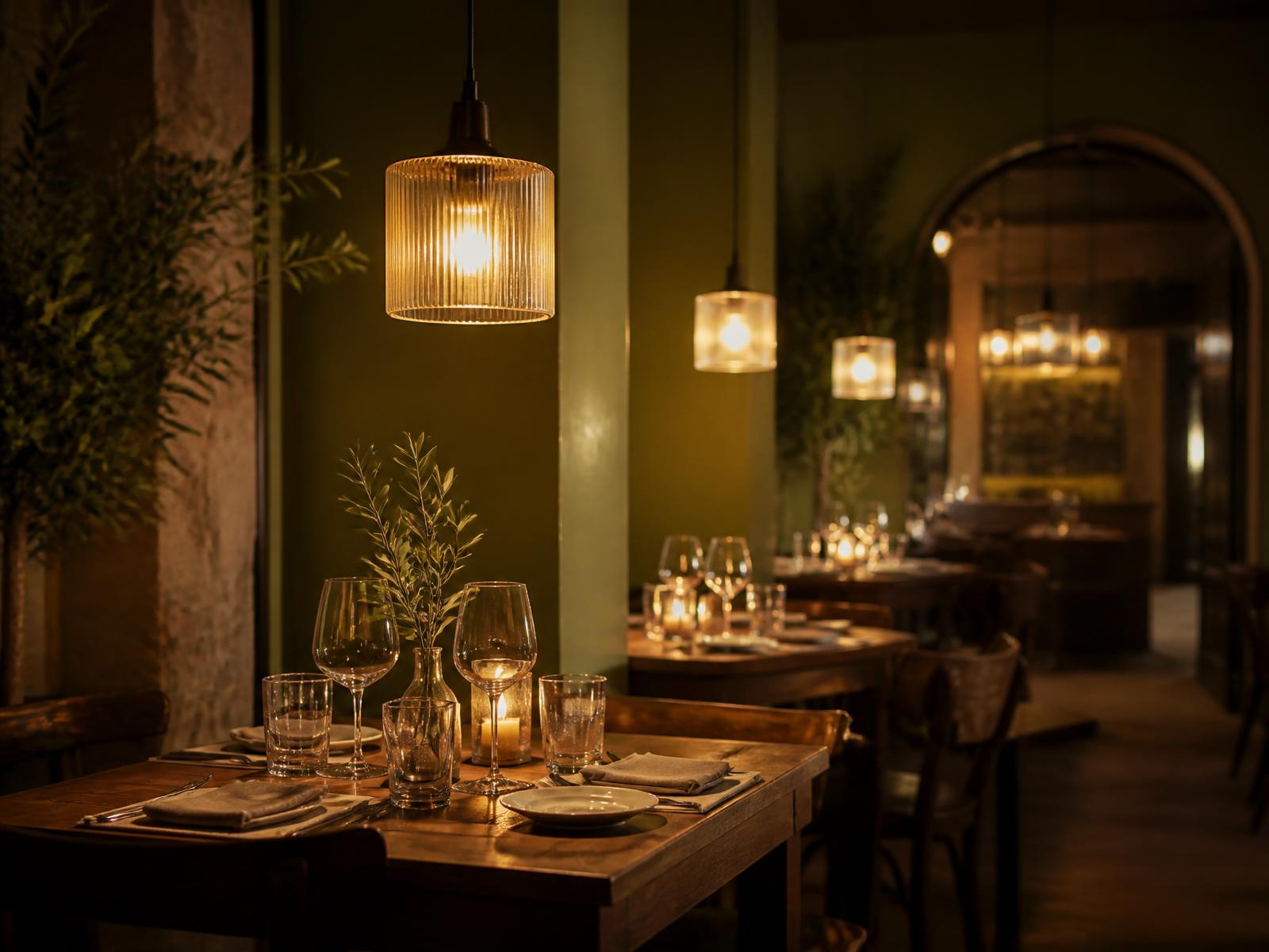 Warm beleuchteter Gastraum im Ristorante Rialto in Greifswald am Abend