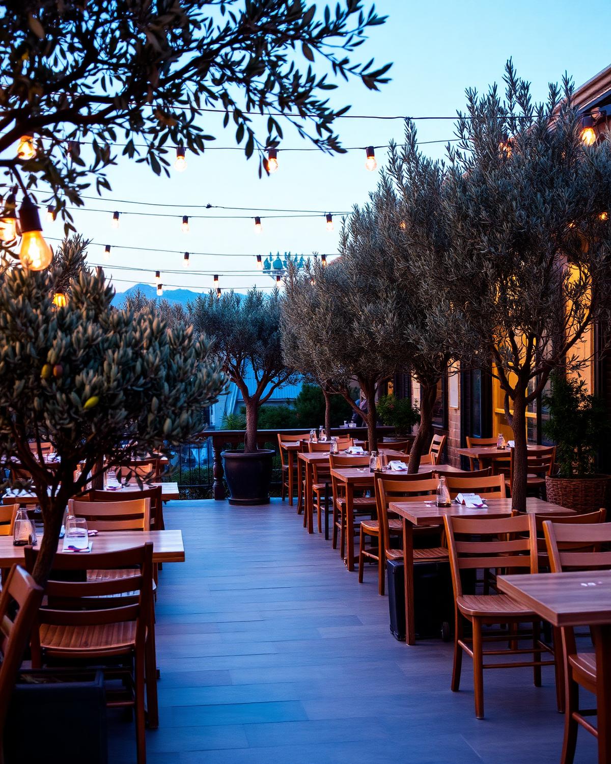Terrasse des Ristorante Rialto mit Olivenbäumen